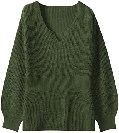 Џемпер за жени секси v кабел за вратот плетен пулвер џемпер солиден случајн лесен ракав тенок вклопена џумер врвови кошула зелена