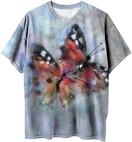 Маици за жени обични врвови со кратки ракави на гроздобер пеперутка печатена маичка околу вратот лабава блуза тинејџерки лето