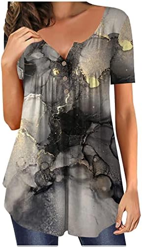 Women'sенски врвови 2023 Лето скриј стомак маичка мермер печати руширани кошули со кратки ракави за вратот на вратот за хеланки за хеланки