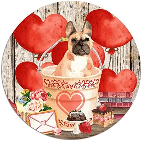 Тркалезен метал Денот на вineубените знаци француски булдог црвено срце балон дрво жито миленичиња кучиња loversубовници лимен