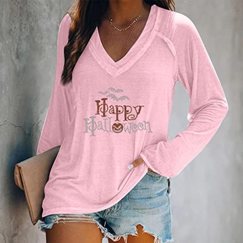 Pimoxv женски среќни кошули за Ноќта на вештерките есен хокус покус искрин ринестон лилјак врвови со долги ракави против вратот слатки