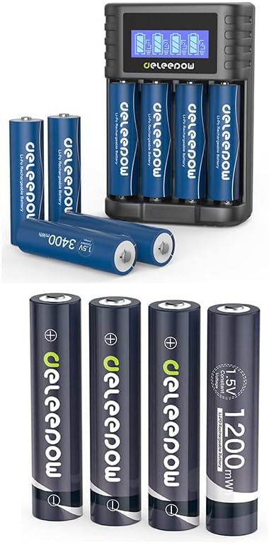 Делепоу Bat Батерии за Полнење 3400mWh 1.5 V Литиумски Батерии Lit Батерии ЗА ПОЛНЕЊЕ и Полнење AAA 1200mWh 4 Брои Со Полнач