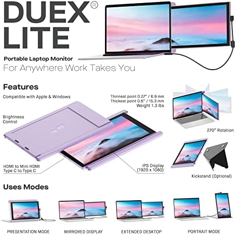 Duex Lite Пренослив Монитор Со Безжичен Bluetooth Глушец, Мобилни Пиксели 12.5 Целосна HD IPS Екран Екстендер, USB C/HDMI Напојува Приклучок