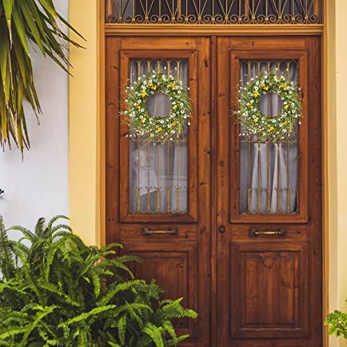 Летни венци за влезна врата, Соомеир Дејзи Венец 22 инчи пролетен венец, цветен венец со зелени лисја за влезната врата прозорец