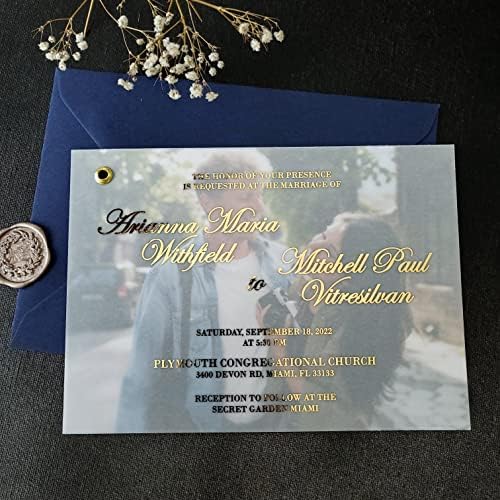 Покани за Свадба XOXOKristen Со Златен Фолиран Велум И Фотографија, Персонализирани Фолирани Покани Во Злато, Сребро, Розово