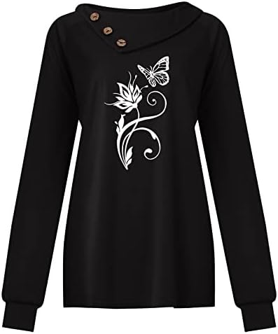 Jjhaevdy женски случајни печати од пеперутка со долги ракави врвови на копчето вратот на вратот, пулвер, лесни блузи, џемпери за блузи