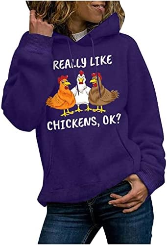 Јас ми се допаѓа пилешкото во ред жени смешни пулвер дуксери со долги ракави, лесен џемпер со качулка со џебови