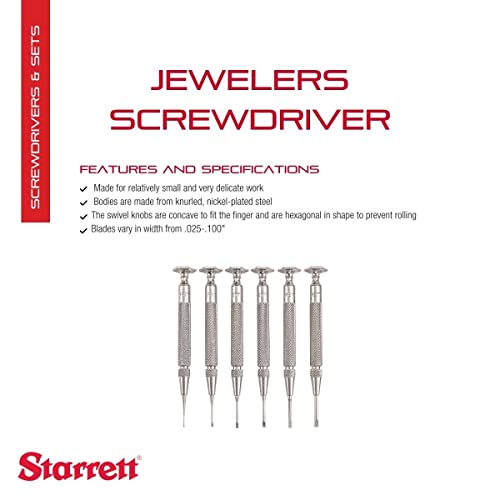 Завртки за шрафцигер на Starrett Jewelers со челични челични тела од челик и кутија-0,025-0,100-инчен ширина на сечилото, вкупна
