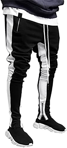 Mens Skinny Stripe Casual Stripe Shart Starting Пониска дно панталони за влечење патент со патент со џебови џогери џемпери џемпери