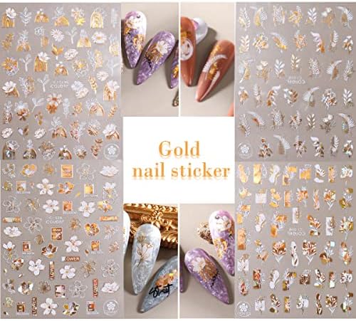 4 листови златни луксузни налепници за уметност за нокти 500+ метални декорации за нокти за лажен декор за дизајн на акрилни нокти за жени