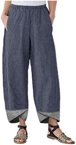 2023 памучни постелнини панталони плус големина, еластична половината широка нога палацо јога каприс удобна мода буги панталони со