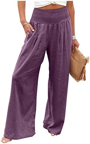 Панталони од iaqnaocc за жени, удобно широко нозе удобно високо половината на палацо панталони со џебови