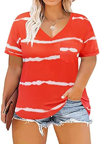 Tiyomi плус маица со големина на жени за жени со кратки ракави лабава лежерна блуза меки врвови за вртење боја печатење со бои кошули со боја