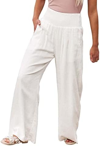 Женски памучни постелнини панталони широка нога лето обична чиста боја широки нозе панталони со џебови замотани со високи половини панталони