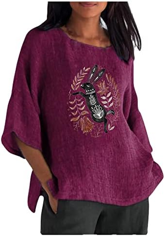 Women'sенски 3/4 ракав Велигденска маица Симпатична зајаче графички маички врвни памучни постелнина лабава случајна влечка подарок за