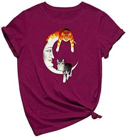 Смешни гроздобер кошули за жени Симпатични мачки кои седат на Месечината графичка маичка лабава вклопена летна кратка ракав на