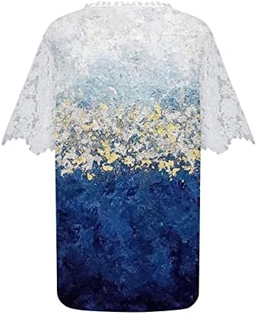 Женски печати бохо лето v вратот врвови маички исечени чипка кратки ракави плажа обични блузи со пулвер маички кошули