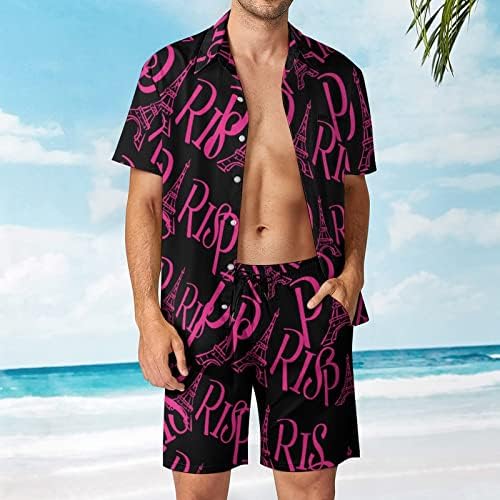 Париз Ајфел кула Машка 2 парчиња облека на плажа на Хавајски копче надолу со кошула со кратки ракави и шорцеви костуми