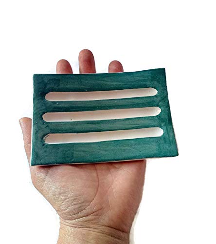 Темно зелена рачно изработена сапун сапун за бар сапун керамика, минималистички држач за сунѓер на правоаголник