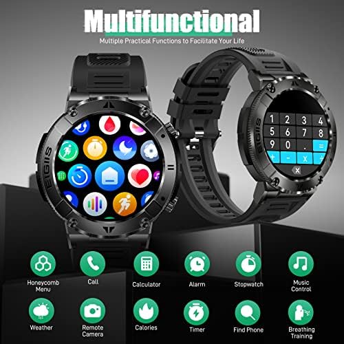 Паметен Часовник За Мажи, 1.32 HD Солиден Надворешен Тактички Воен Паметен Часовник За Телефони со android iOS, Bluetooth Спортски Фитнес