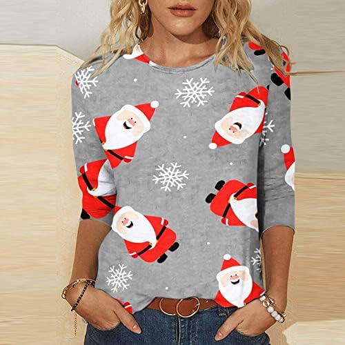 Фрагарни женски Божиќни врвови, женски моден Божиќен печатен случај на лежерна маица со долги ракави со врвот на вратот на вратот