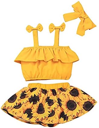 Риксин дете за бебиња девојки заложници на врвот + сончогледово цветно здолниште + лента за глава 3 компјутери сет на летни облеки