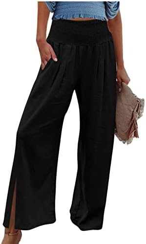 Панталони од iaqnaocc за жени, удобно широко нозе удобно високо половината на палацо панталони со џебови