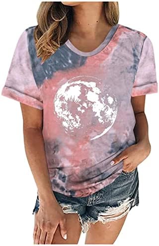 Симпатични врвови за жени месечина вратоврска маица летни кружни кратки ракави маички случајни смешни маички блузи туники