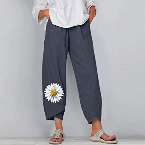 Miashui жени панталони обични плус големина лабава пан -пантолка Бохо половината џеб обични еластични панталони за печатење, пантолони за жени