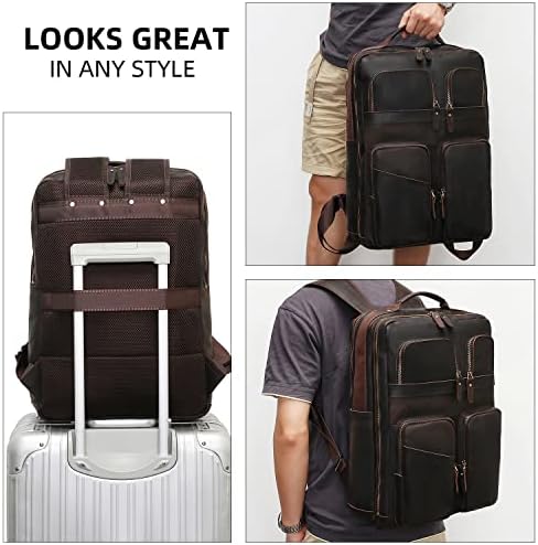 Ранец од кожен ранец за мажи, 17,3 лаптоп ранец со голем капацитет мулти џебови, обични патувања деловни канцеларии за работа, кампување