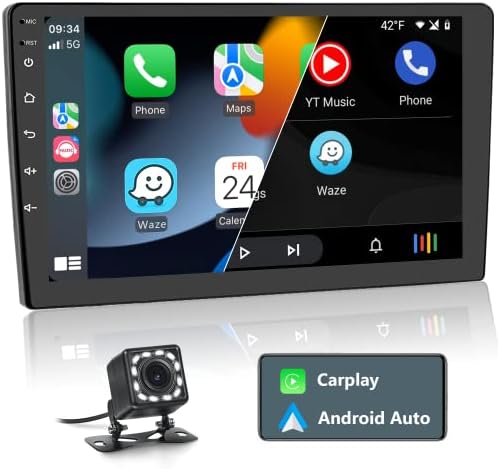 Двоен Din Android Автомобил Стерео Безжичен Apple Carplay, Rimoody 10 Инчен Екран На Допир Автомобил Радио Со Bluetooth GPS Навигација WiFi FM Радио iOS/Android Огледало Врска + Резервна Камера