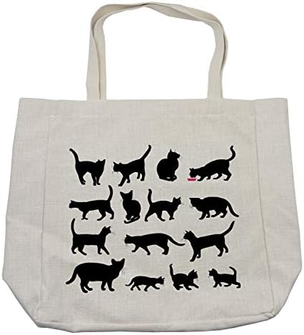 Торба за купување на мачки Амбесон, црни мачки силуети во различни пози домашни миленичиња Кити шепи опашка и мустаќи, еколошка