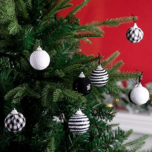 12 парчиња црни и бели топки за секвенци, 1,96 Божиќно биволско карирано виси топки, разнишани орнаменти на карирани дрвја за украси