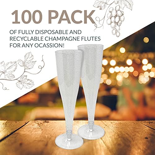 Рели. (100 Масовно Пакување Сребрен Сјај Пластични Флејти За Шампањ 4,5 Мл | Проѕирни Пластични Чаши За Шампањ/Флејти | За Еднократна