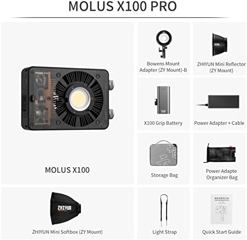 Zhiyun Molus X100 Pro 100w Led Видео Студио Светлина 2700K~6500K w / Рачка Батерија, ZY До Bowens Mount Адаптер, ZY Softbox, Bluetooth Мрежа Стан Контрола За YouTube Во Живо Стриминг, Отворено Видео Снимање