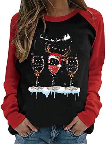 Нархбрг Жени Слатки Божиќни Блузи Божиќ Црвено Вино Стакло Графички Раглан Кошула Кошули Со Долги Ракави Блузи За Дуксери Во Боја