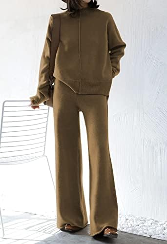 MeeWomen's High Neck 2 Piective longsuit lage ракав плетен џемпер врвови со широки панталони за нозе поставени изгледи