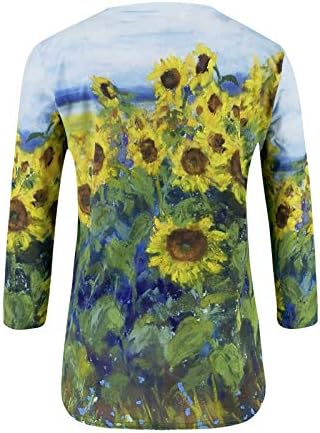 Womenените модни есен печатени ракави со средна должина од кошули, дами за контраст во боја на екипаж, случајно плус големина на блуза
