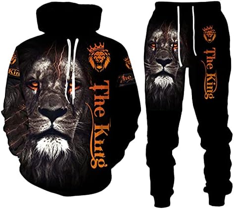 Сет на џемпери со печатени качулка со лав 3Д, есенска зимска машка спортска облека за вежбање со долг ракав хип -хоп костум