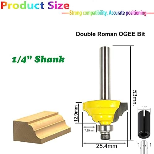 Edge Forming Router Bit & Collet, 1/4 инчен Shank Roman Ogee Milling Cutter со лежишта & 1/2 до 1/4 адаптер, алатка за обликување