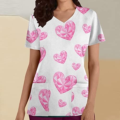 Кошули за в Valentубените за жени - врвови со кратки ракави на вратот, Loveубовни срцеви печатени маички униформни врвови со џебови
