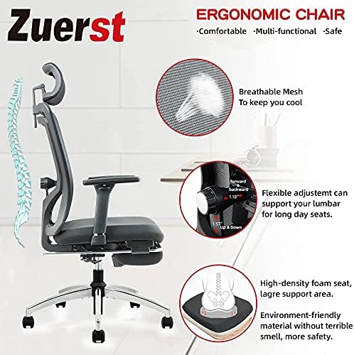 Зуерст ергономски канцелариски стол со поддршка од потпирачот за подножје - Чаир со висока биро со прилагодлива лумбална поддршка, 3Д метални потпирачи за рака и по