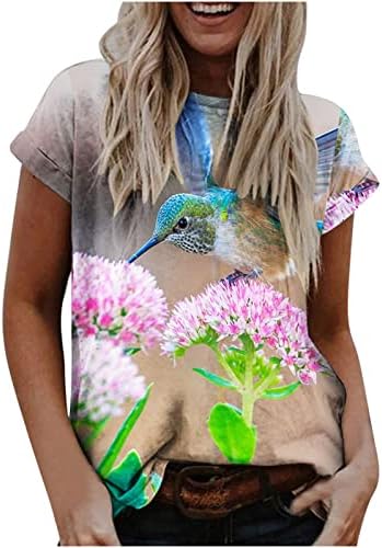 Жените Колибри Печатење Маица Блузи Краток Ракав О-Вратот Обични Облечени Блузи За Хеланки Пуловер Летни Кошули