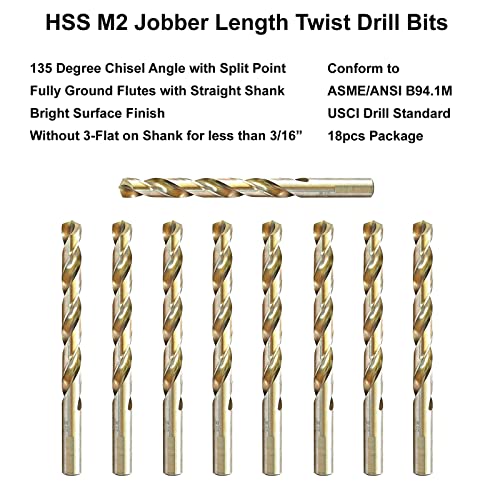 MaxTool 9/32 18pcs Идентични битови со должина на работни места HSS M2 Twist Dript Bits целосно светло светло пратено со 3-рамни;