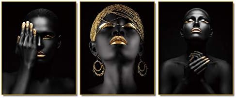 Афроамерикански wallидна уметност сликарство црна жена мода поп златни обетки црн сет од 3 кралица портрет на црна жена соба постер