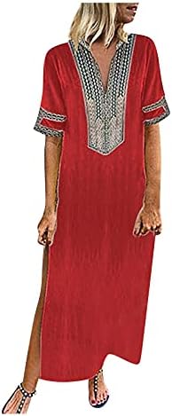 Amxyfbk Chrortенски краток ракав V-врат со долги здолништа со цврста боја, странични парчиња фустани, мода лабава пулсирана големина