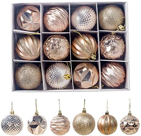 Златни божиќни украси за топка за украси на Кристамс, топки од дрвја за декорација на свадбени венчавки, 12 парчиња Божиќно дрво распрскувани украси