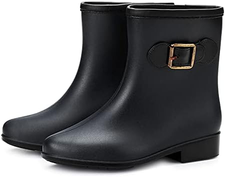 Чизми со широка ширина на телеш чизми за пети жени жени со средна чевли од дожд, водоотпорна тркалезна женски дожд чевли колено