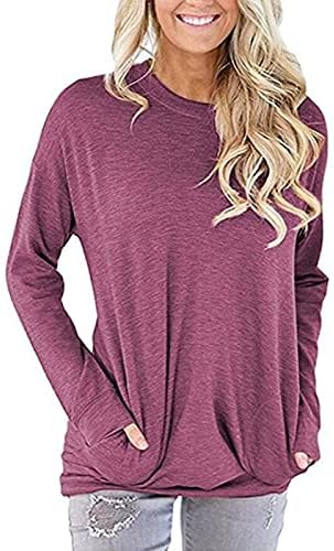 Женски случајни џемпери со долги ракави цврсти кошули со екипаж меки лесни лабави врвови преголеми симпатични џебови пуловер