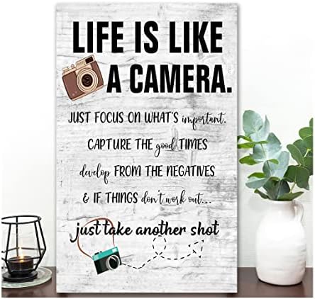 Lifeивотот е како камера инспиративна уметничка wallидна плакета рустикална фарма куќа дрво декор дома знаци wallидни украси